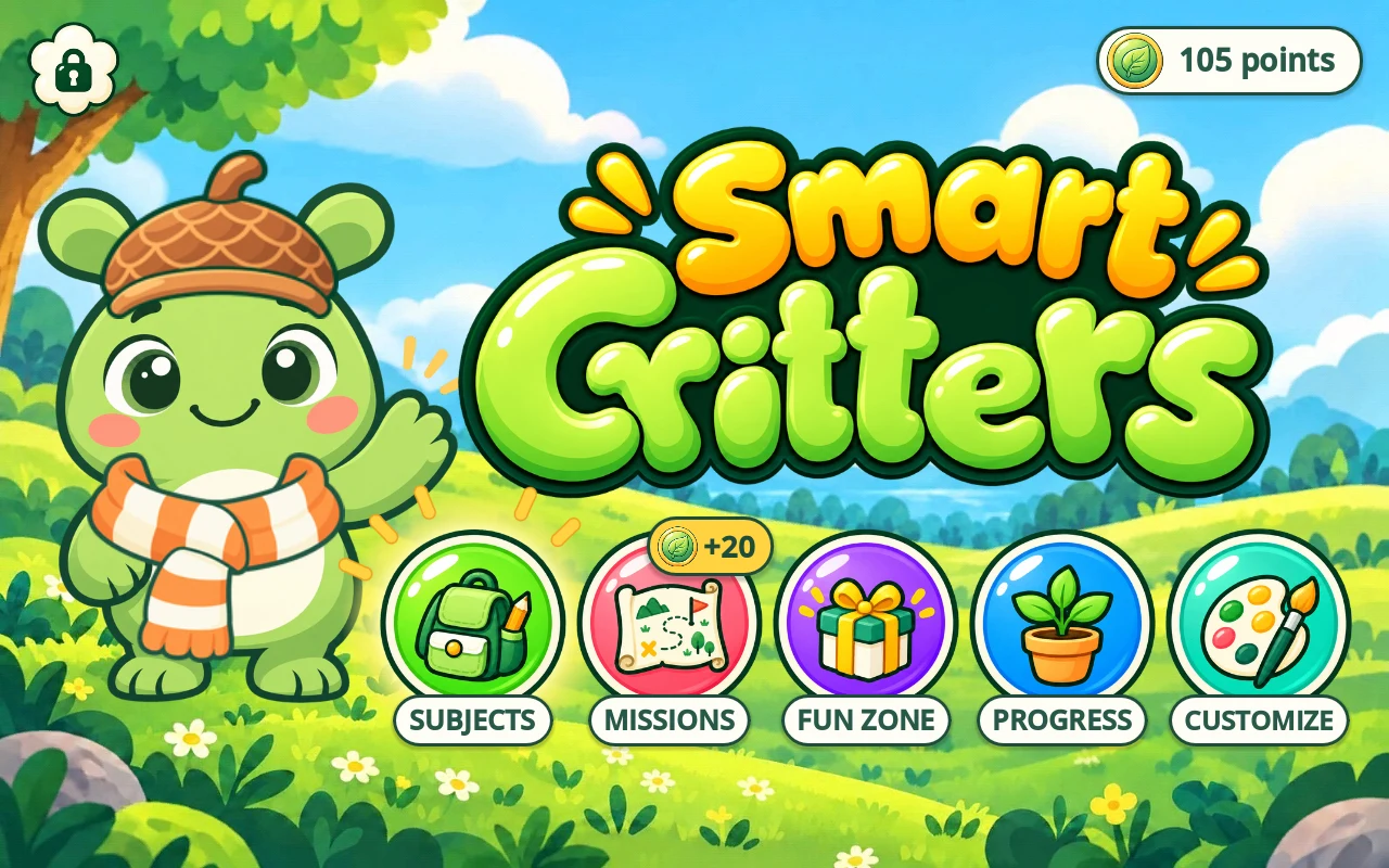 Smart Critters app home screen: a forest world with Subjects, Missions, Fun Zone, Progress, and Customize